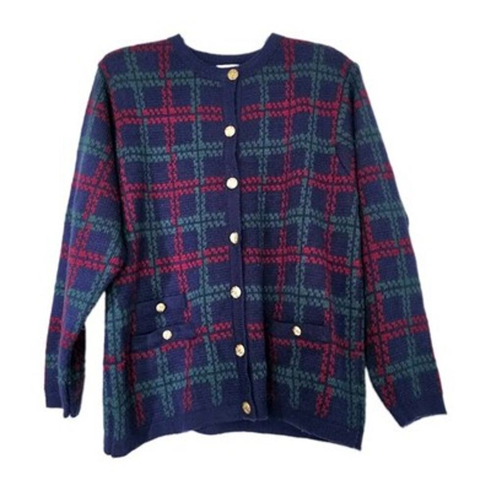 Vtg 80s Plaid Cardigan Women M Green Red Holiday Preppy Old Money Gold Buttons